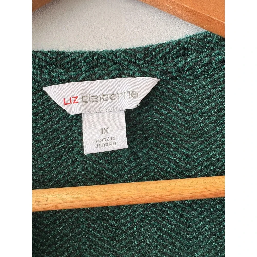Liz Claiborne Sweater Womens 1X Green Herringbone Button Boat Neck Pullover